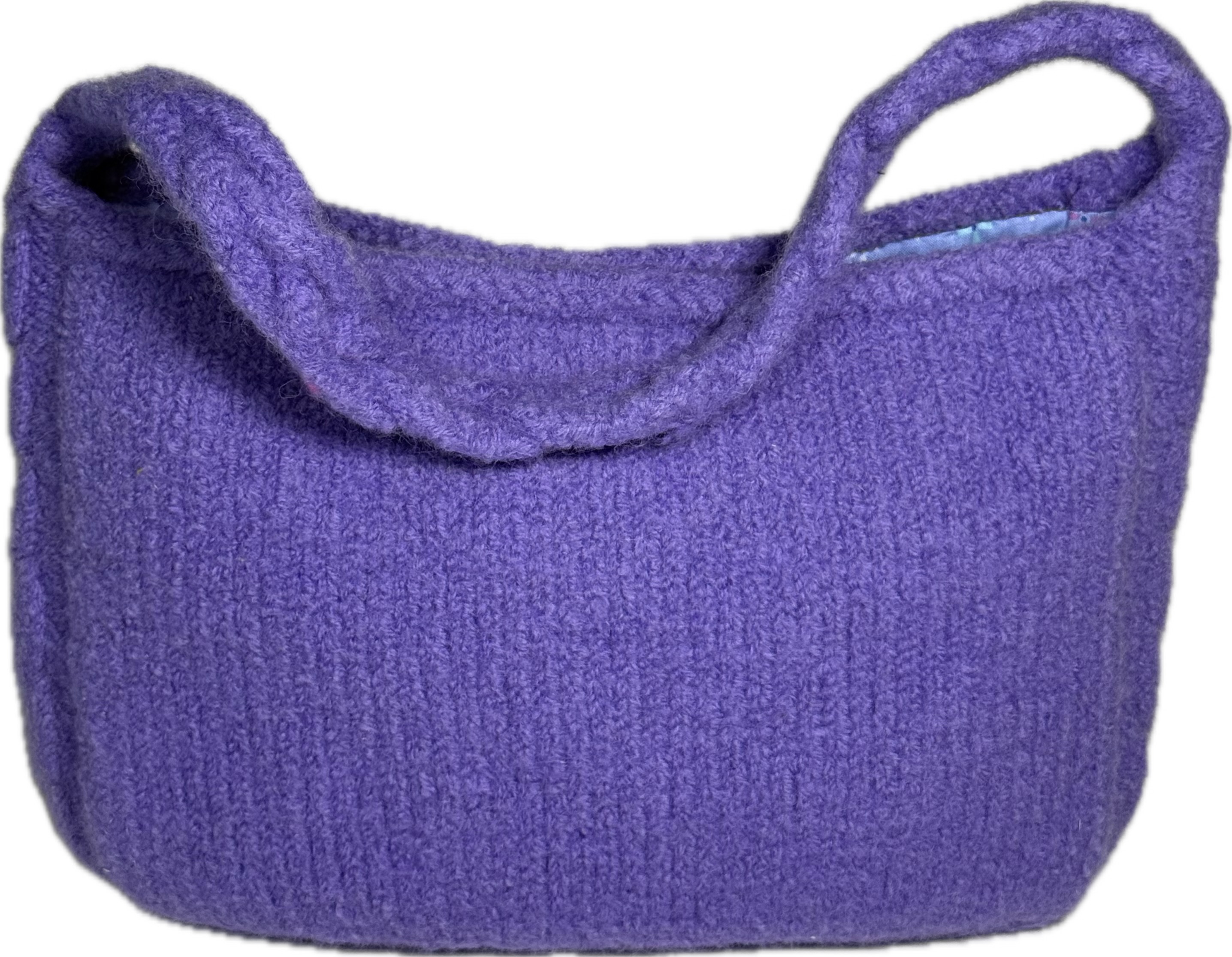 Purple felted purse with cable knit detail and braided handle